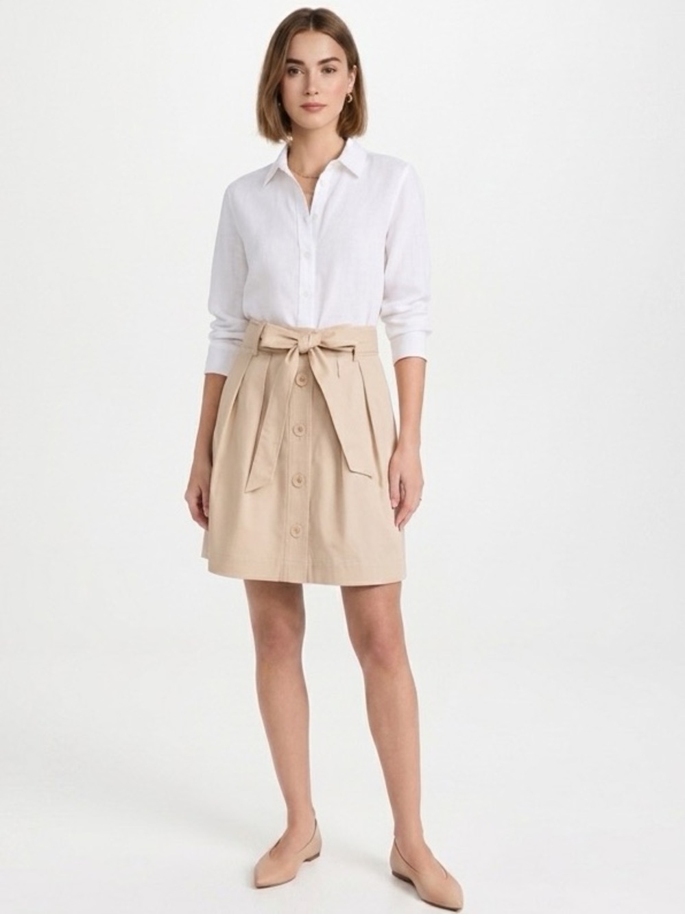 Halogen Khaki Pleated Mini Skirt Size 8 Belted Button Front Preppy Quiet Luxury